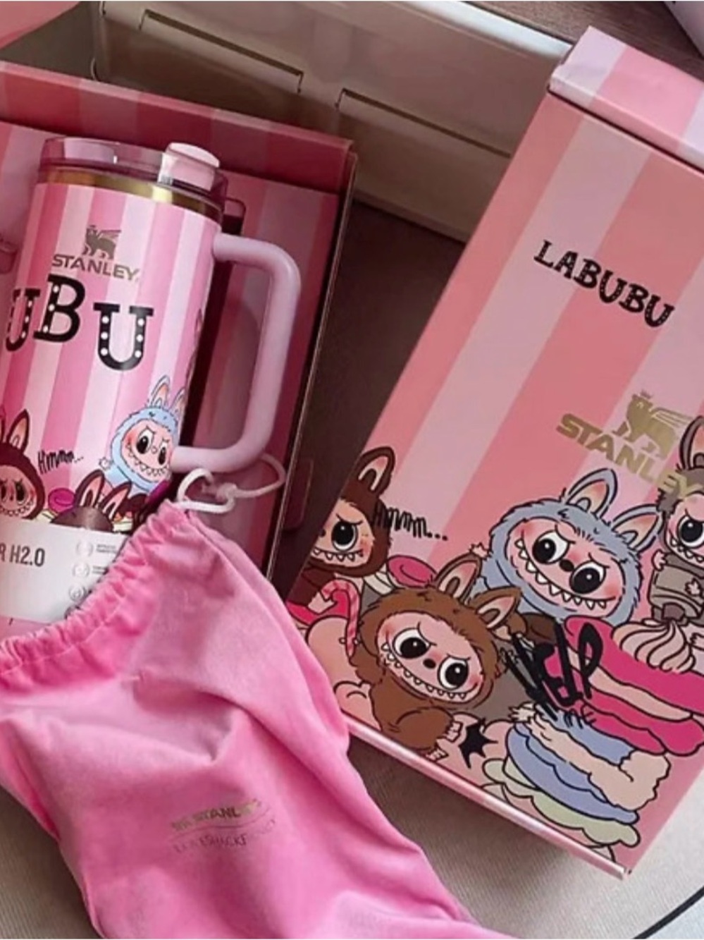 Stanley Pink Striped Labubu Character Travel Mug